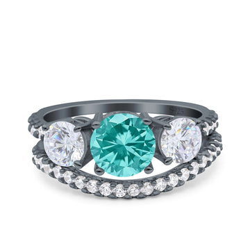 Three Stone Art Deco Wedding Piece Ring Round Black Tone, Simulated Paraiba Tourmaline CZ 925 Sterling Silver